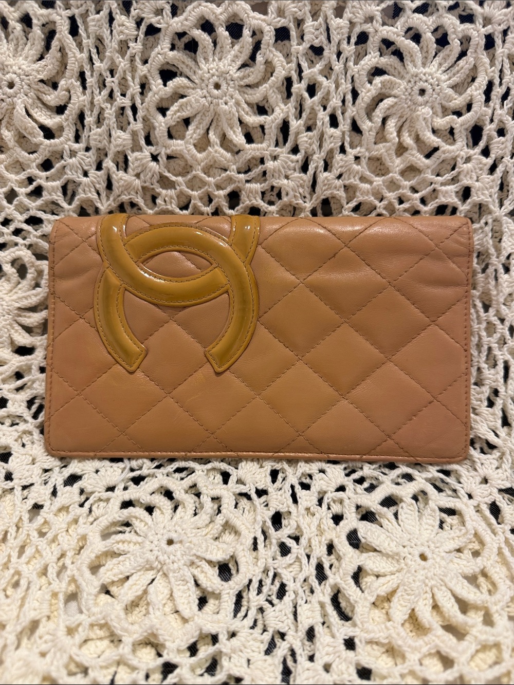 CHANEL Cambon Quilted Leather Wallet in Tan with Mustard Logo